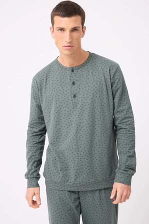 OceanRipple™ Premium Örme Pamuk Uzun Kollu Henley & Uzun Pantolonlu Erkek Pijama Takımı
