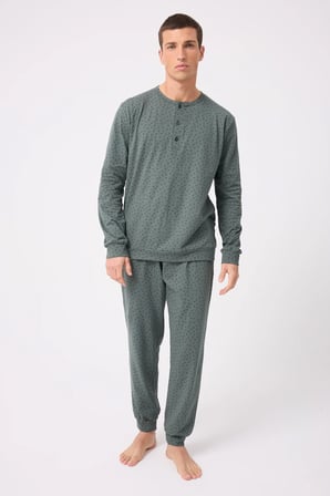 OceanRipple™ Premium Örme Pamuk Uzun Kollu Henley & Uzun Pantolonlu Erkek Pijama Takımı