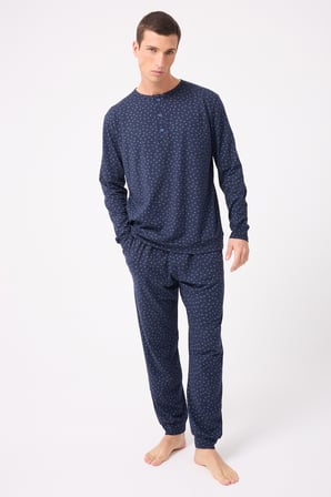 OceanRipple™ Premium Örme Pamuk Uzun Kollu Henley & Uzun Pantolonlu Erkek Pijama Takımı