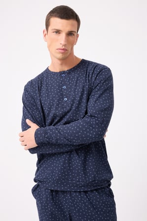 OceanRipple™ Premium Örme Pamuk Uzun Kollu Henley & Uzun Pantolonlu Erkek Pijama Takımı