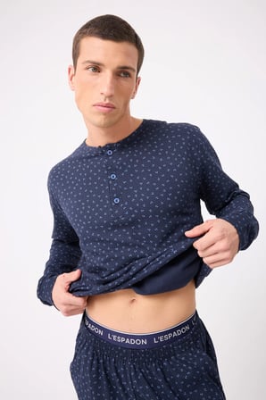 OceanRipple™ Premium Örme Pamuk Uzun Kollu Henley & Uzun Pantolonlu Erkek Pijama Takımı
