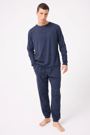 OceanRipple™ Premium Örme Pamuk Uzun Kollu Henley & Uzun Pantolonlu Erkek Pijama Takımı