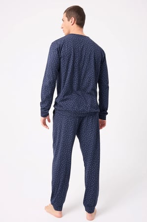 OceanRipple™ Premium Örme Pamuk Uzun Kollu Henley & Uzun Pantolonlu Erkek Pijama Takımı