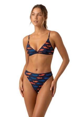 Akdeniz Suları Mavi & Kehribar Balık Desenli Premium Üçgen Bikini Altı