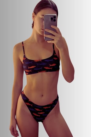 Akdeniz Suları Mavi & Kehribar Balık Desenli Premium Bandeau Bikini Üstü