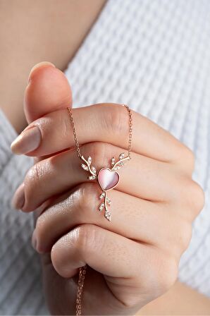 925 Ayar Gümüş Rose Daldaki Kalp Kolye