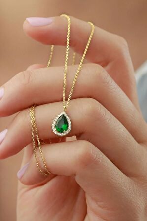 925 Ayar Gümüş Gold Zümrüt Damla Kolye