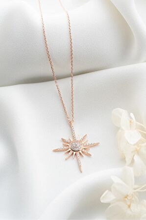 925 Ayar Gümüş Rose Zirkon Taşlı Kutup Yıldızı Kolye
