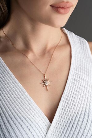 925 Ayar Gümüş Rose Zirkon Taşlı Kutup Yıldızı Kolye