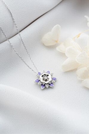 925 Ayar Gümüş Mor Mineli Lotus Çiçeği Kolye