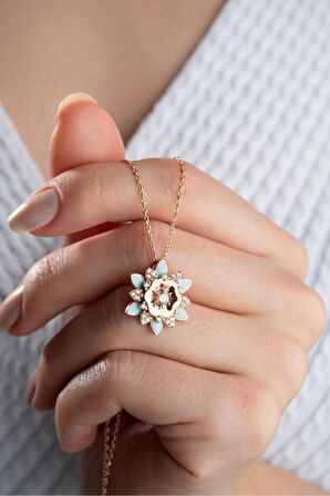 925 Ayar Gümüş Rose Mavi Mineli Lotus Kolye