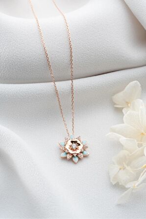 925 Ayar Gümüş Rose Mavi Mineli Lotus Kolye