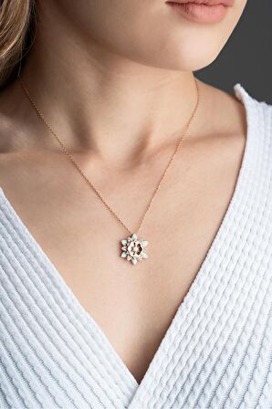 925 Ayar Gümüş Rose Mavi Mineli Lotus Kolye