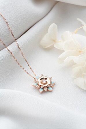 925 Ayar Gümüş Rose Mavi Mineli Lotus Kolye