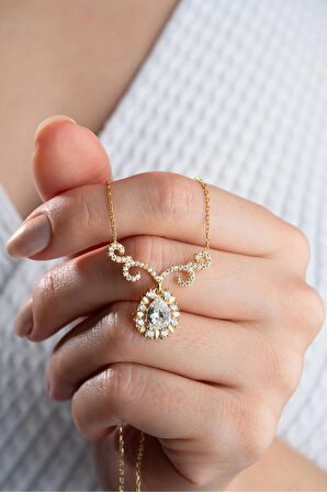 925 Ayar Gümüş Gold Elmas Montür Damla Model Kolye