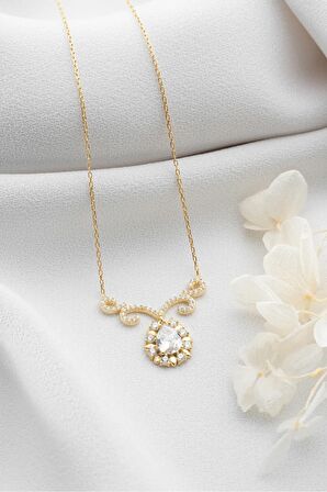 925 Ayar Gümüş Gold Elmas Montür Damla Model Kolye