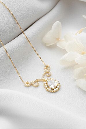 925 Ayar Gümüş Gold Elmas Montür Damla Model Kolye