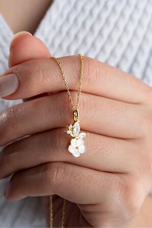 925 Ayar Gümüş Gold Minik Sedefli Çiçek Kolye