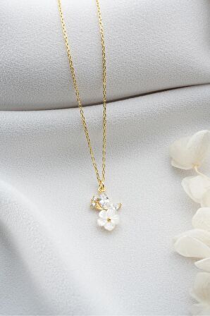 925 Ayar Gümüş Gold Minik Sedefli Çiçek Kolye