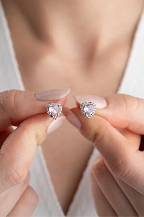 925 Ayar Gümüş Zirkon Taşlı Pembe Kalp Küpe