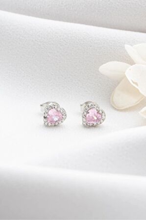 925 Ayar Gümüş Zirkon Taşlı Pembe Kalp Küpe