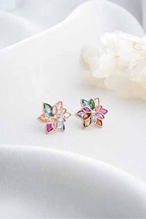 925 Ayar Gümüş Renkli Taşlı Lotus Küpe