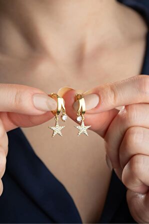 925 Ayar Gümüş Gold Çift Taşlı Yıldız Küpe