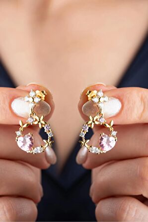 925 Ayar Gümüş Gold Pembe Çiçekli Küpe