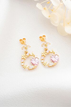 925 Ayar Gümüş Gold Pembe Çiçekli Küpe