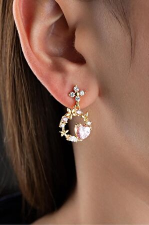925 Ayar Gümüş Gold Pembe Çiçekli Küpe