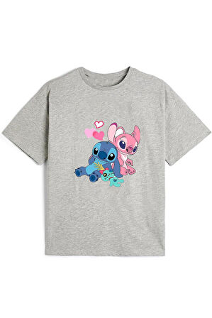Kaliteli Penye Kız Çocuk Baskılı Gri Tshirt 5 6 7 8 9 10 11 12 13 14 yaş Lilo Stitch