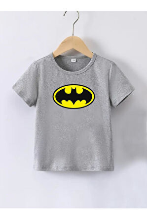 Kaliteli Penye Kız Erkek Çocuk Baskılı Gri Tshirt 5 6 7 8 9 10 11 12 13 14 yaş Batman