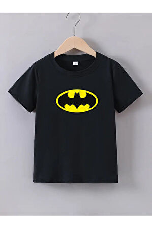 Kaliteli Penye Kız Erkek Çocuk Baskılı Siyah Tshirt 5 6 7 8 9 10 11 12 13 14 yaş Batman
