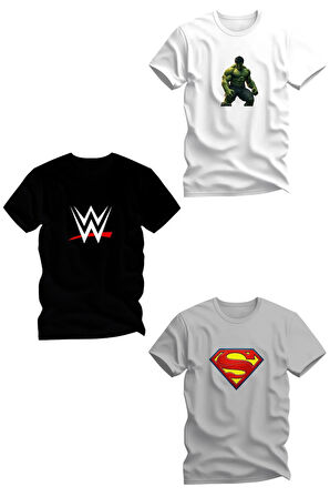 Üçlü Baskılı Penye Erkek Çocuk Beyaz Siyah Gri Tshirt 5 6 7 8 9 10 11 12 13 14 hulk superman wwe