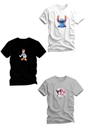 Üçlü Baskılı Penye Kız Çocuk Beyaz Siyah Gri Tshirt 5 6 7 8 9 10 11 12 13 14 yaş daisy lilo kuromi