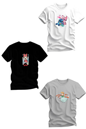 Üçlü Baskılı Penye Kız Çocuk Beyaz Siyah Gri Tshirt 5 6 7 8 9 10 11 12 13 14 yaş mini lilo petit