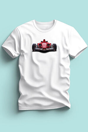 Erkek Çocuk  Formula Kırmızı Yarış Arabası Baskılı Beyaz Tshirt 5 6 7 8 9 10 11 12 13 14 yaş tişört