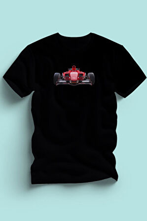 Erkek Formula Kırmızı Yarış Arabası Baskılı Siyah Tshirt 5 6 7 8 9 10 11 12 13 14 yaş tişört