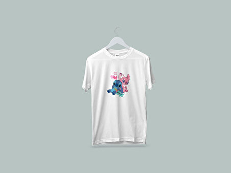 Kaliteli Penye Kız Çocuk Baskılı Beyaz Tshirt 5 6 7 8 9 10 11 12 13 14 yaş Lilo Stitch
