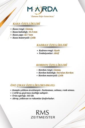 Fonksiyonlu Gümüş-Siyah Renk Çelik Kordon Çelik Kasa Erkek Kol Saati 1496.01MR