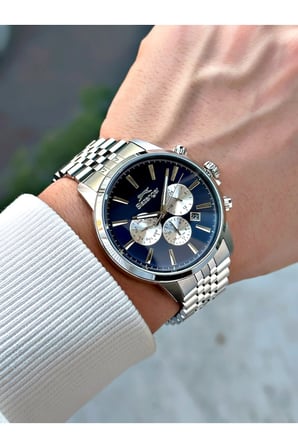 Gümüş-Lacivert Renk 10 ATM Su Geçirmezlik Çelik Kordon Çelik Kasa Erkek Kol Saati 1812.03MR