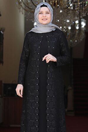 Amine Hüma Papatya Tesettür Abiye Elbise Siyah