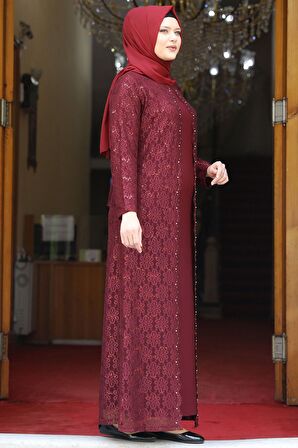 Amine Hüma Papatya Tesettür Abiye Elbise Bordo