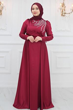 Amine Hüma Berceste Saten Abiye Bordo