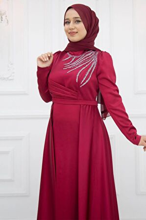 Amine Hüma Berceste Saten Abiye Bordo