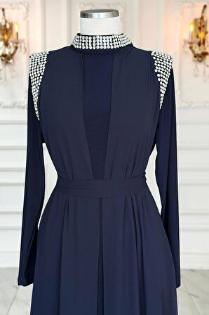 Amine Hüma Zambak Abiye Elbise Lacivert