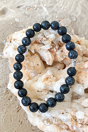 Siyah Beyaz Cizgili Obsidyen Taşı Bileklik