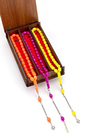 Ahşap Kutuda 3'lü Neon Renk Toz Kehribar Tesbih Seti