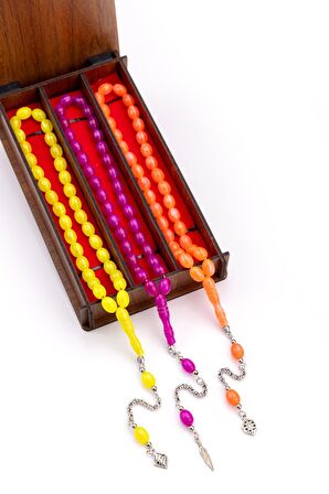Ahşap Kutuda 3'lü Neon Renk Toz Kehribar Tesbih Seti