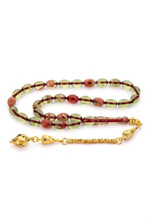 Sarı Püsküllü Güzel Çekimli Hareli Sıkma Kehribar Tesbih